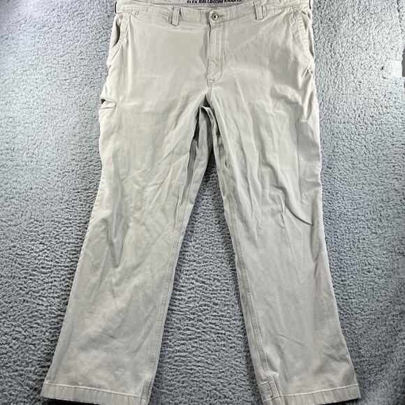 DULUTH TRADING FLEX BALLROOM KHAKIS PANTS MENS 42x32 TAN BEIGE FITS 42x31 POCKET - Picture 1 of 11